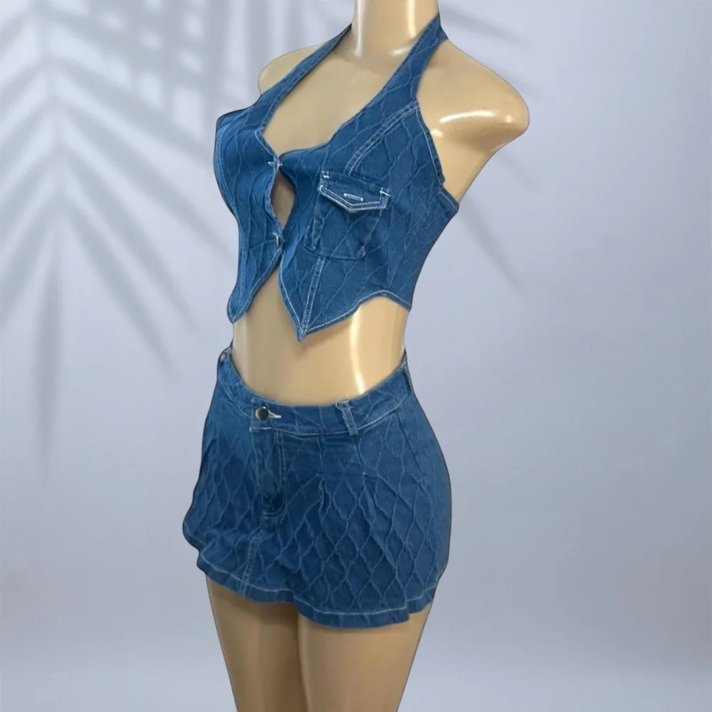 Denim Halter V-Neck Vest and Pleated Mini Skirt 2-Piece Set ✧ M - Picture 4 of 6